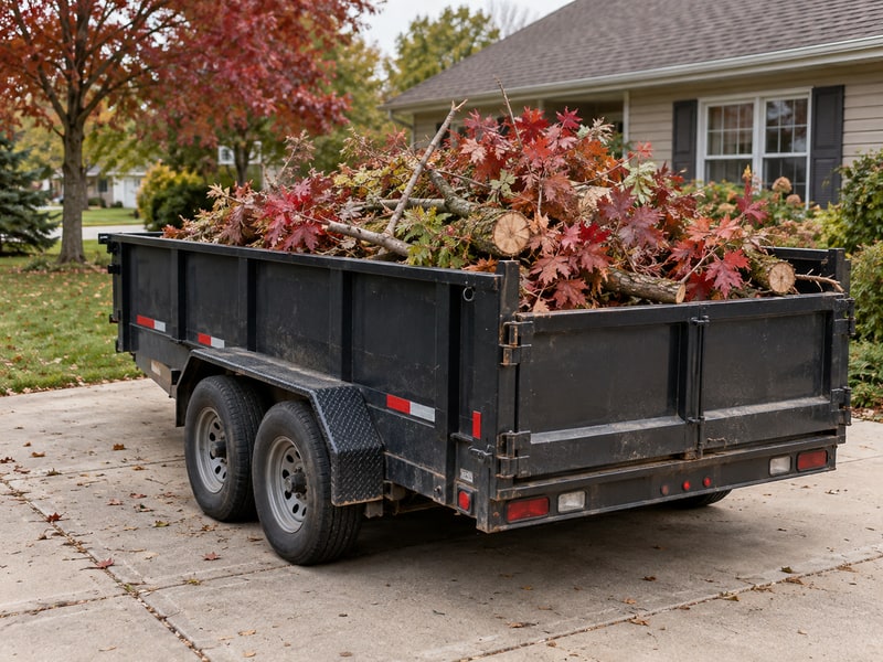 Cut branches and logs collected in a dump trailer