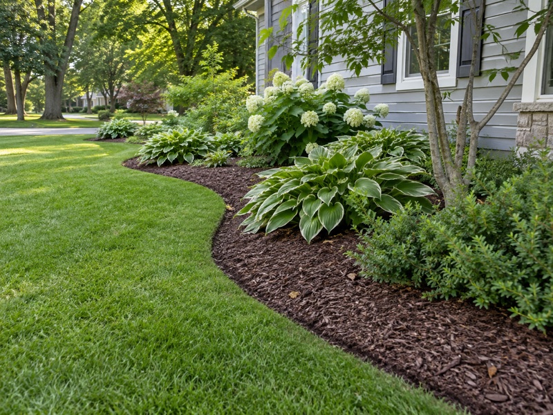 Freshly edged lawn and mulched beds with hostas and hydrangeas