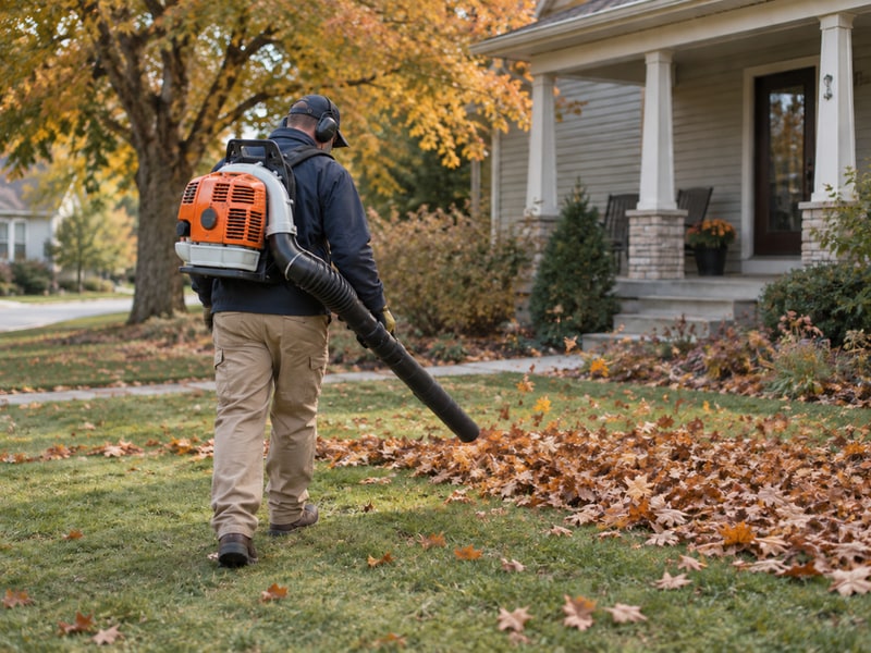Worker gathering autumn leaves with a backpack blower