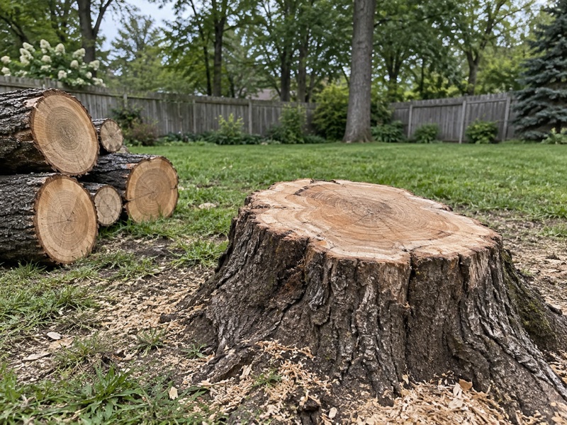 Cut tree stump with log rounds stacked beside it